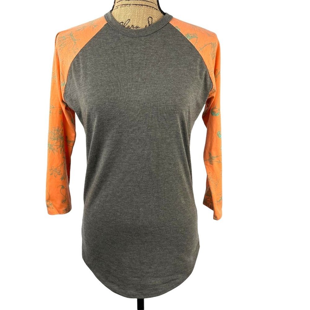 LulaRoe Raglan Top Gray and Orange Floral Sleeves Size XS